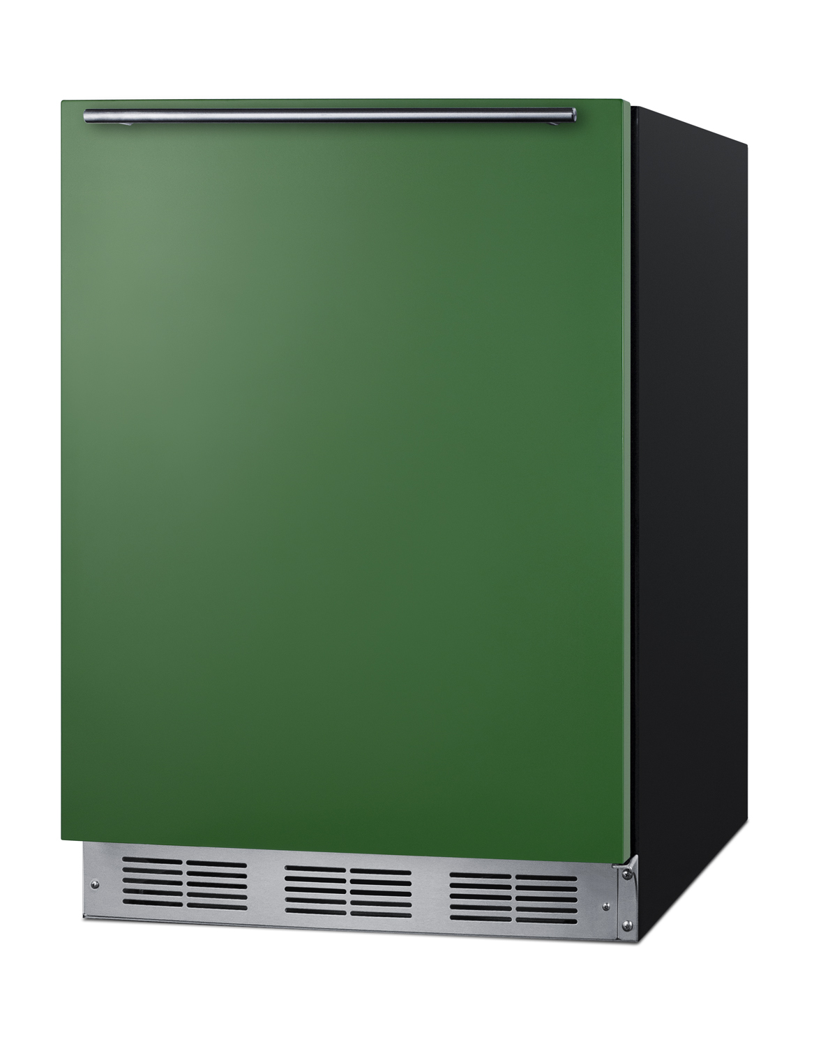 24 in. wide ADA height refrigerator-freezer for residential use with an emerald green door, stainless steel handle, and black cabinet